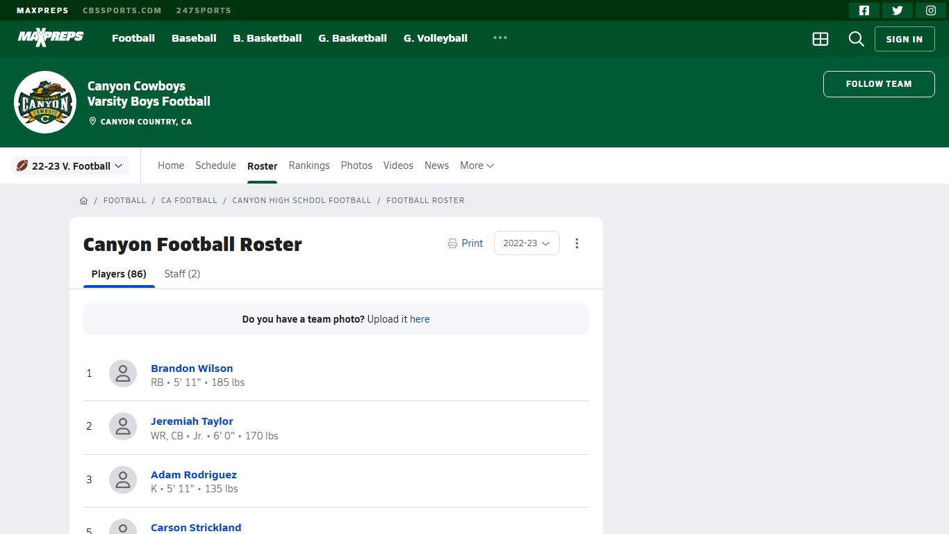 Roster - Canyon Cowboys (Canyon Country, CA) Varsity Football 22-23
