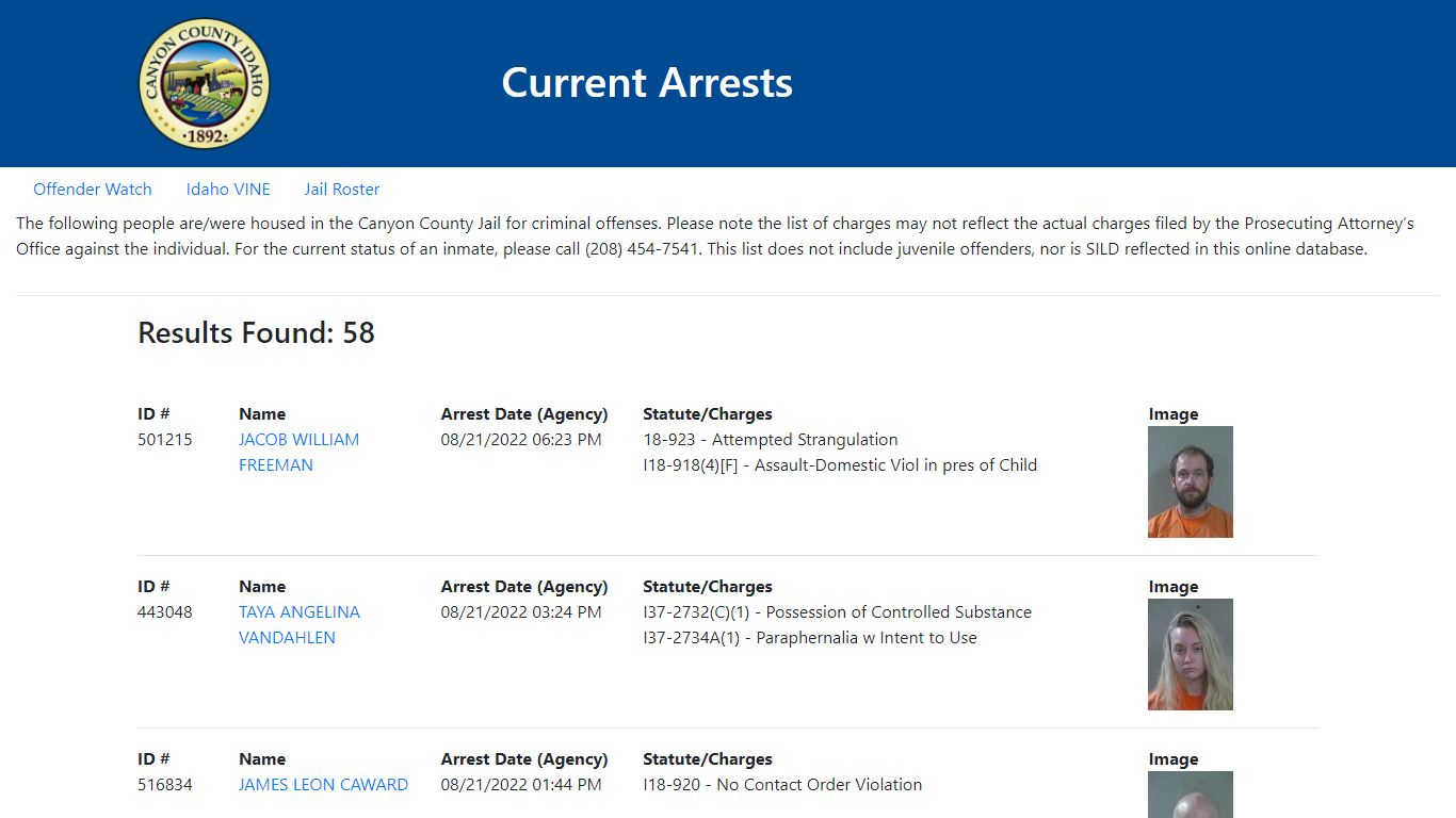Current Arrests - Canyon County, Idaho
